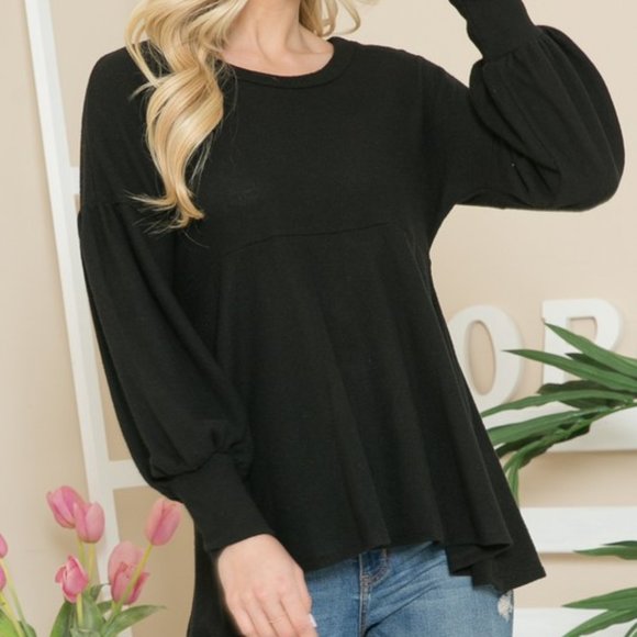 Soft Sweater Knit Babydoll Tunic with Puff Sleeves - Picture 3 of 4